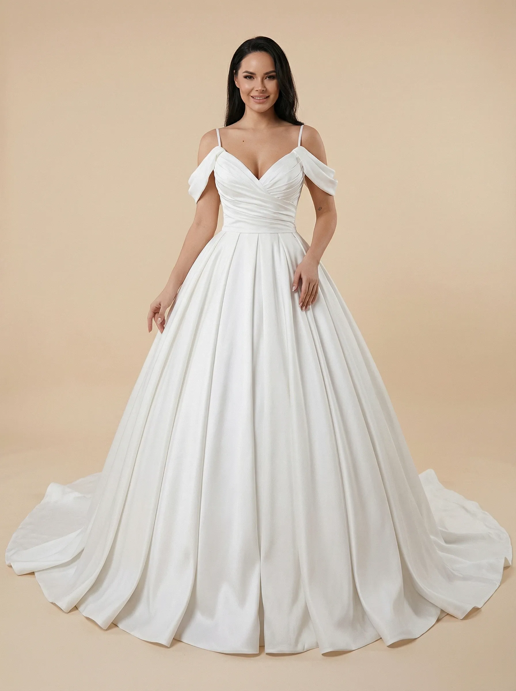 A-Line Cold Shoulder V-Neck Satin Maxi Long Wedding Dresses sold by ChicSew