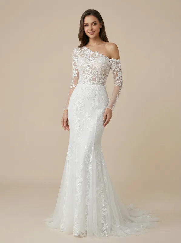 Mermaid Asymmetric Long Sleeves Lace Maxi Long Wedding Dresses made by ChicSew