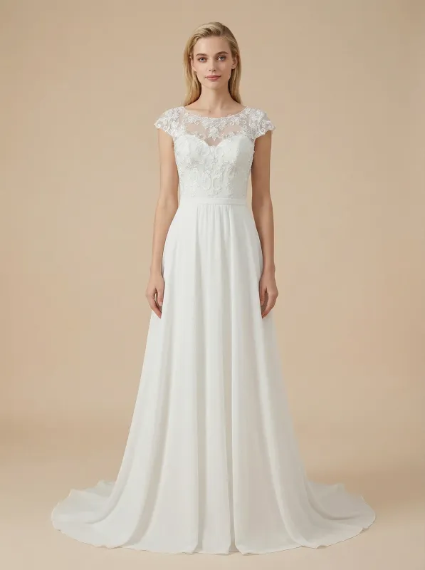 A-Line Cap Sleeves Bateau Lace Chiffon Maxi Long Wedding Dresses For Beach Wedding sold by ChicSew