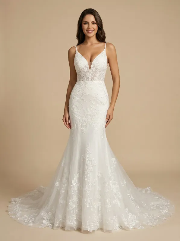 Mermaid V-Neck Spaghetti Straps Lace Maxi Long Wedding Dresses sold by ChicSew