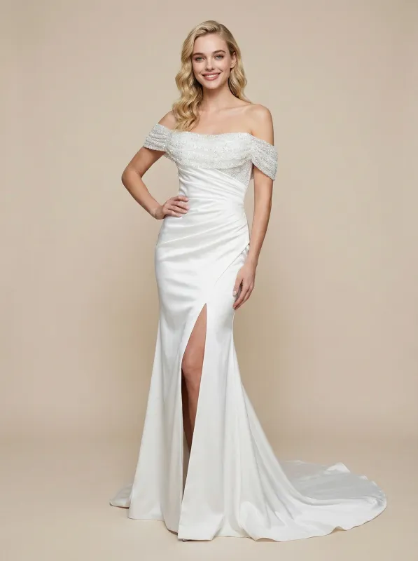 Mermaid Off The Shoulder Maxi Long Satin And Sequin Wedding Dresses Online sold by ChicSew