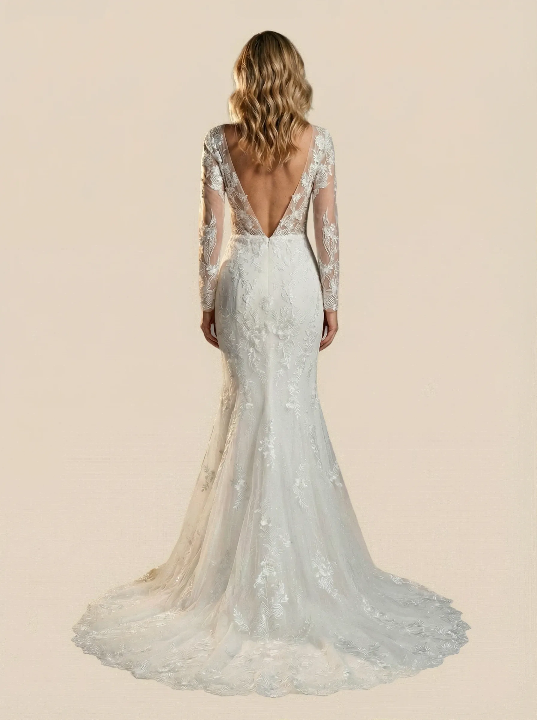 Mermaid Long Sleeves V-Neck Lace Maxi Long Wedding Dresses With Train sold by ChicSew product image thumbnail 2