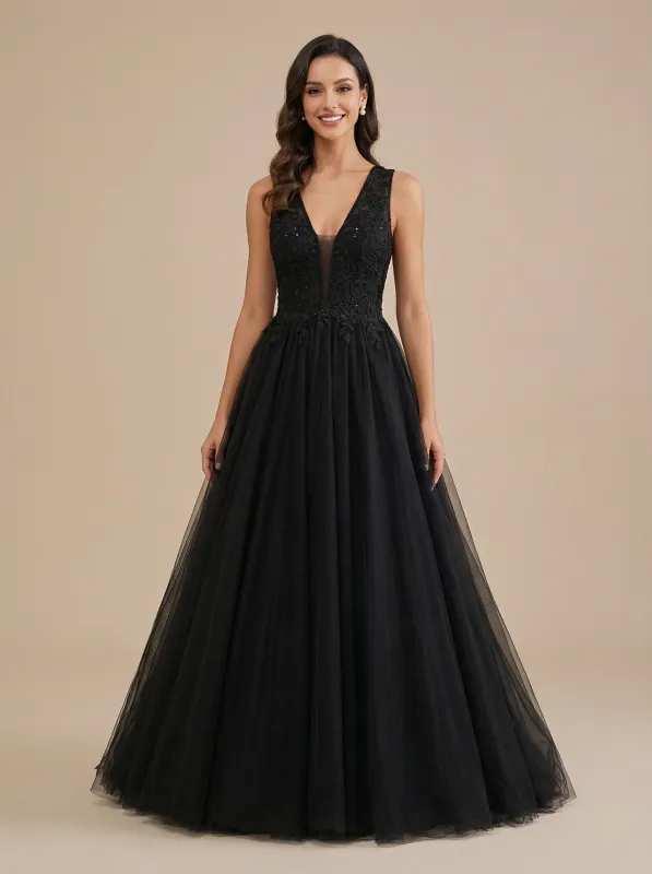 A-Line Spaghetti Straps V-Neck Maxi Long Tulle Lace Black Wedding Dresses Online sold by ChicSew