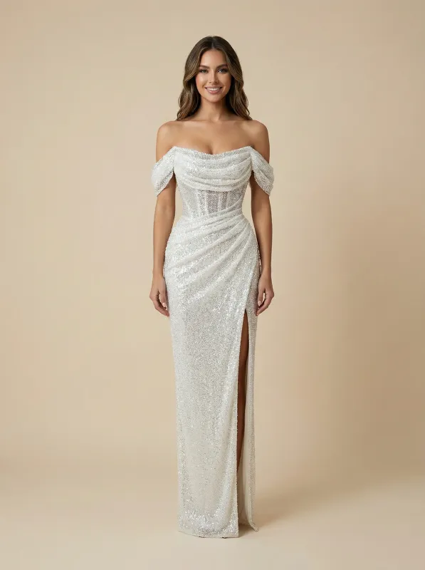 Mermaid Cold Shoulder Boning Long Sequin Wedding Dresses Gowns Online sold by ChicSew