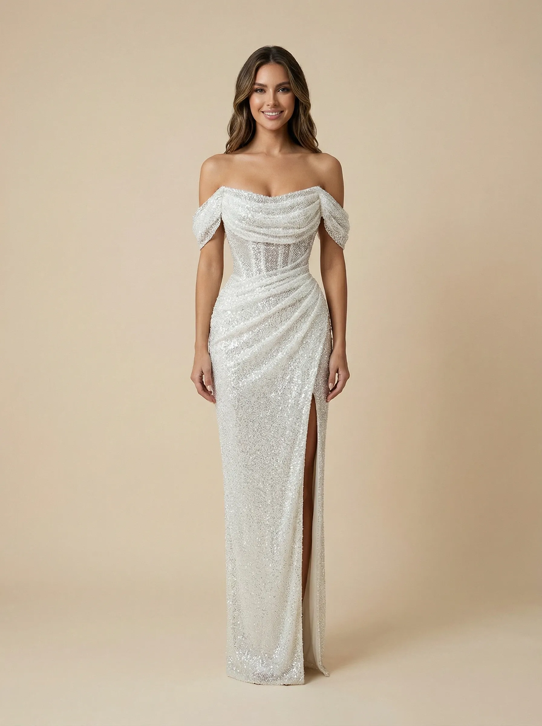 Mermaid Cold Shoulder Boning Long Sequin Wedding Dresses Gowns Online sold by ChicSew