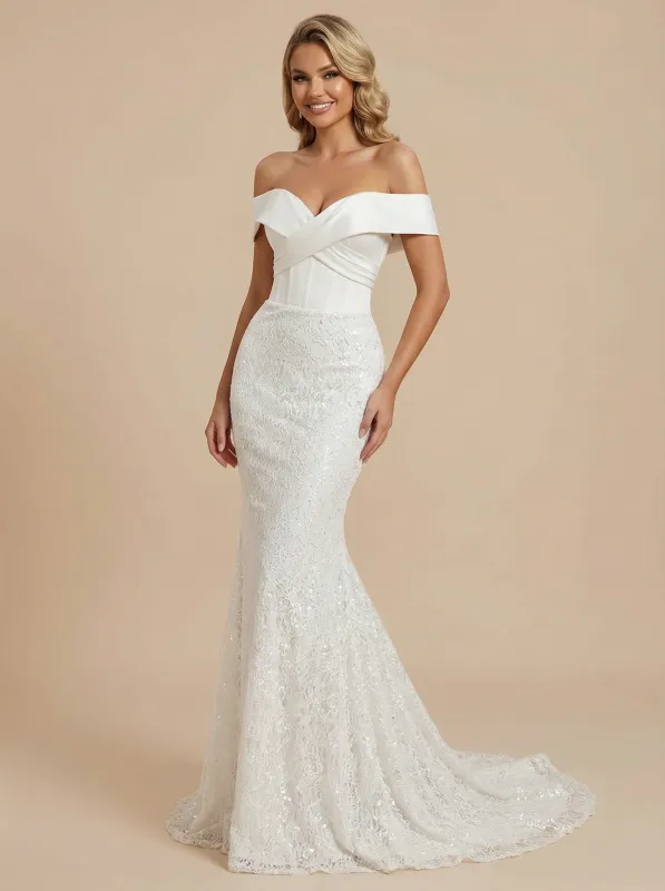 Mermaid Off Shoulder Maxi Long Satin And Lace Wedding Dresses Online sold by ChicSew