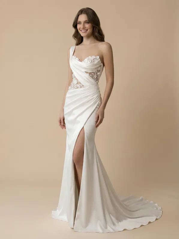 Mermaid One Shoulder Lace Applique Maxi Long Satin Wedding Dresses Online sold by ChicSew