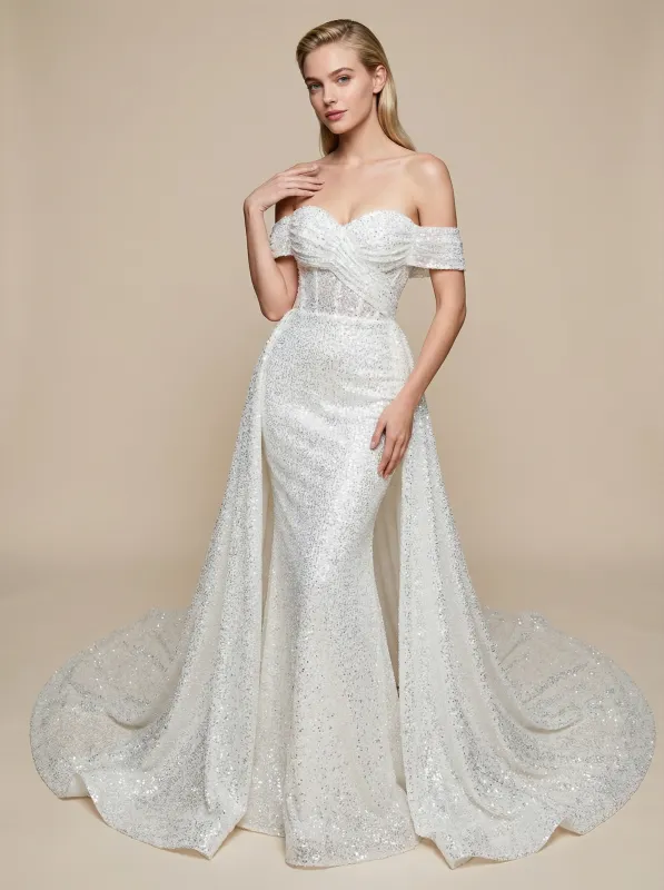 Mermaid Off Shoulder Ruched Maxi Long Sequin Wedding Dresses With Detachable Skirt sold by ChicSew