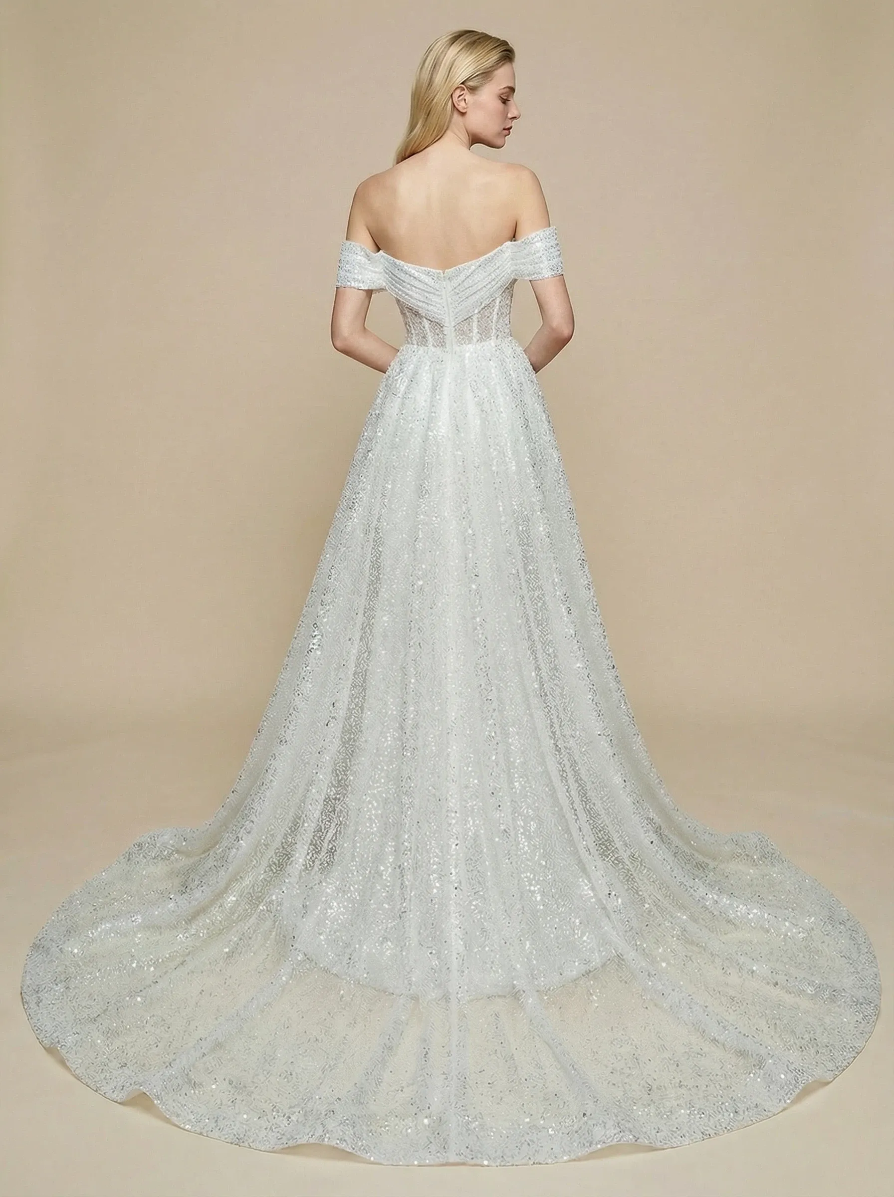 Mermaid Off Shoulder Ruched Maxi Long Sequin Wedding Dresses With Detachable Skirt sold by ChicSew product image thumbnail 2