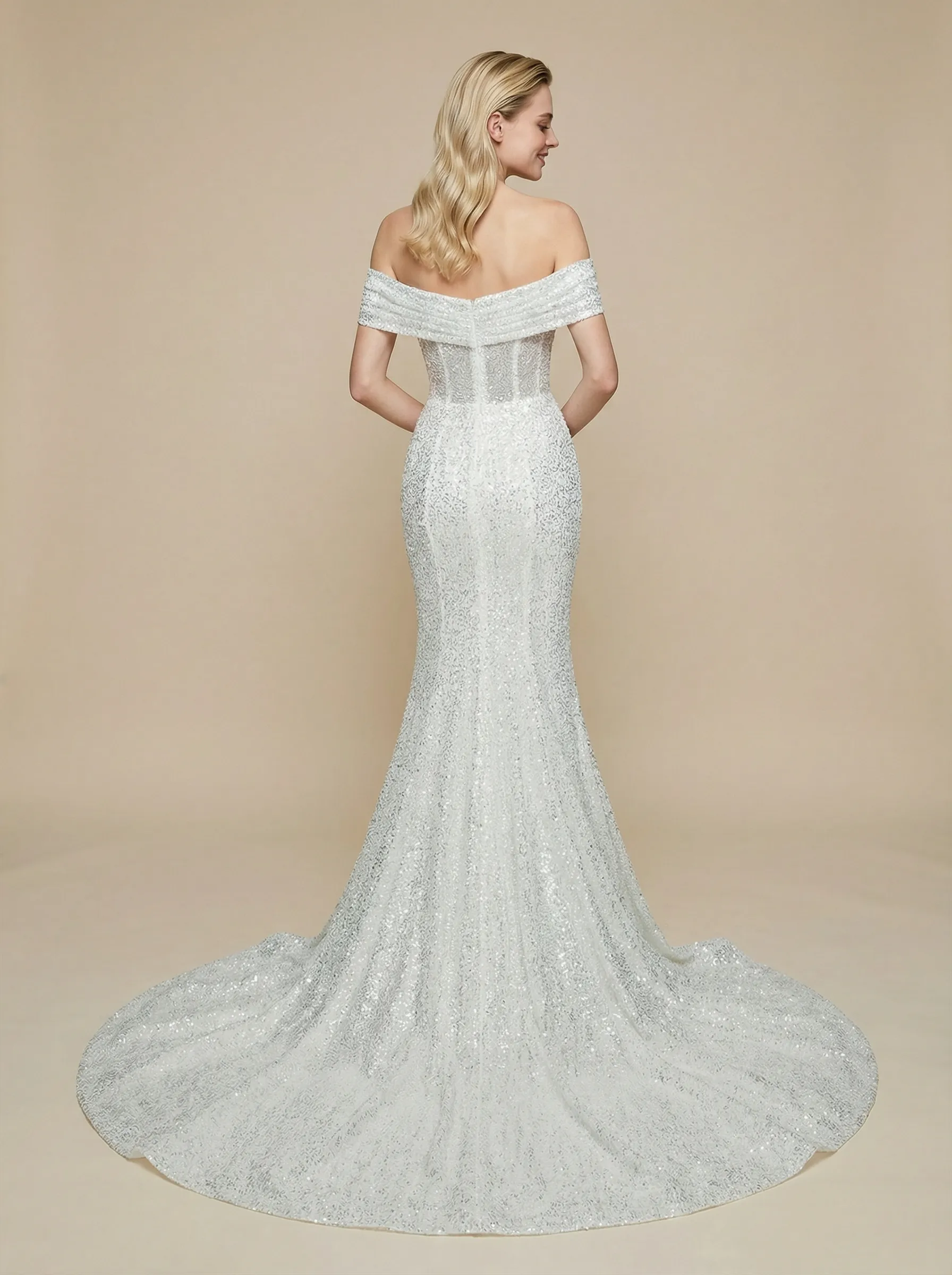 Mermaid Off Shoulder Ruched Maxi Long Sequin Wedding Dresses With Detachable Skirt sold by ChicSew product image thumbnail 3