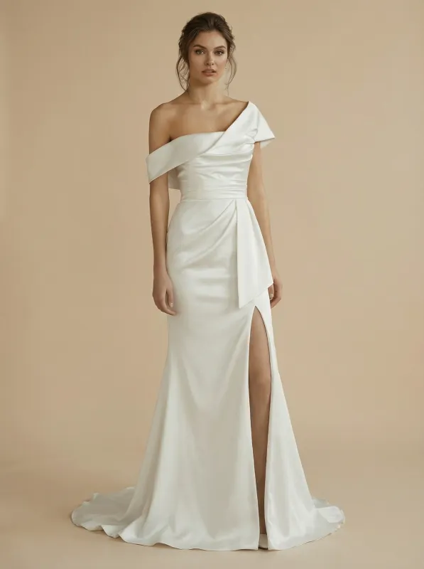 Mermaid Side Slit Asymmetrical Maxi Long Satin Wedding Dresses Online sold by ChicSew