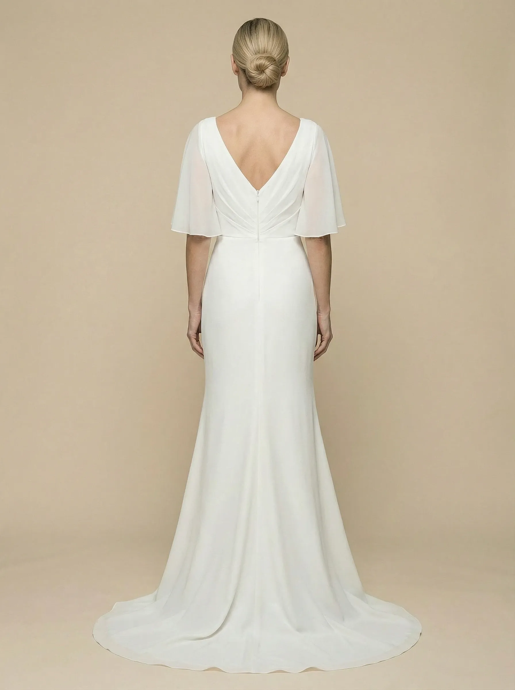 Mermaid Jewel Flutter Sleeves Side Slit Maxi Long Satin Wedding Gowns Online sold by ChicSew product image thumbnail 2