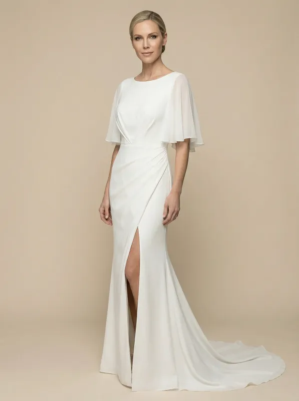 Mermaid Jewel Flutter Sleeves Side Slit Maxi Long Satin Wedding Gowns Online sold by ChicSew
