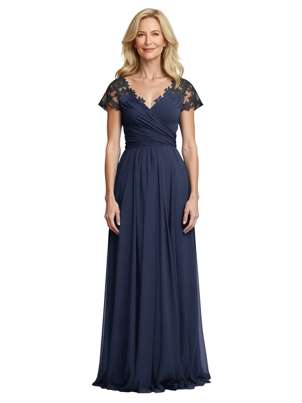 Elegant A-Line V-Neck Short Sleeves Lace Chiffon Mother of The Bride Dresses sold by ChicSew