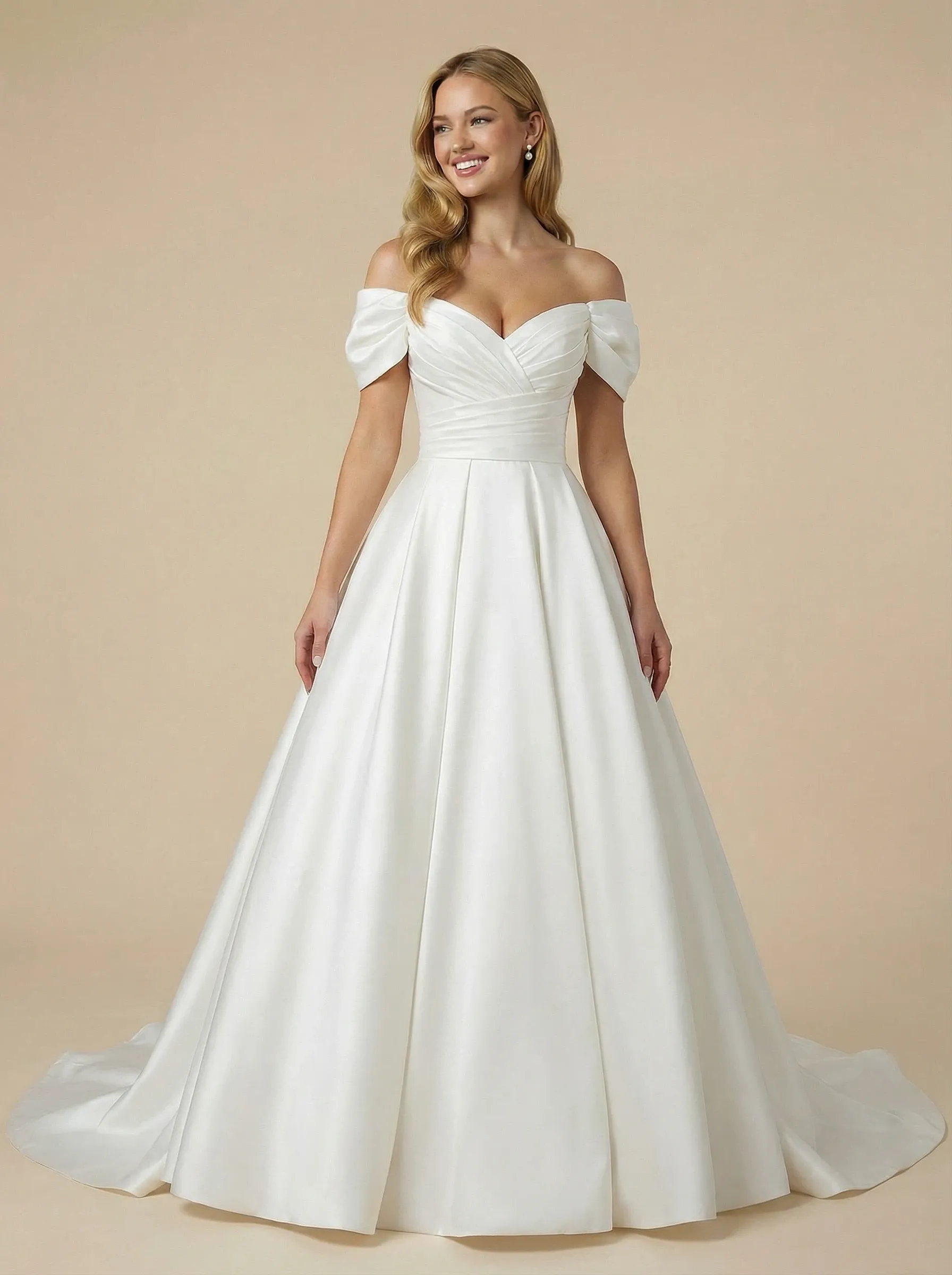 A-Line Off The Shoulder V-Neck Maxi Long Satin Wedding Dresses Gowns Online sold by ChicSew