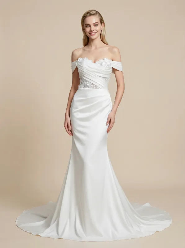 Mermaid Off Shoulder Ruched Maxi Long Satin Wedding Dresses With Lace Applique made by ChicSew