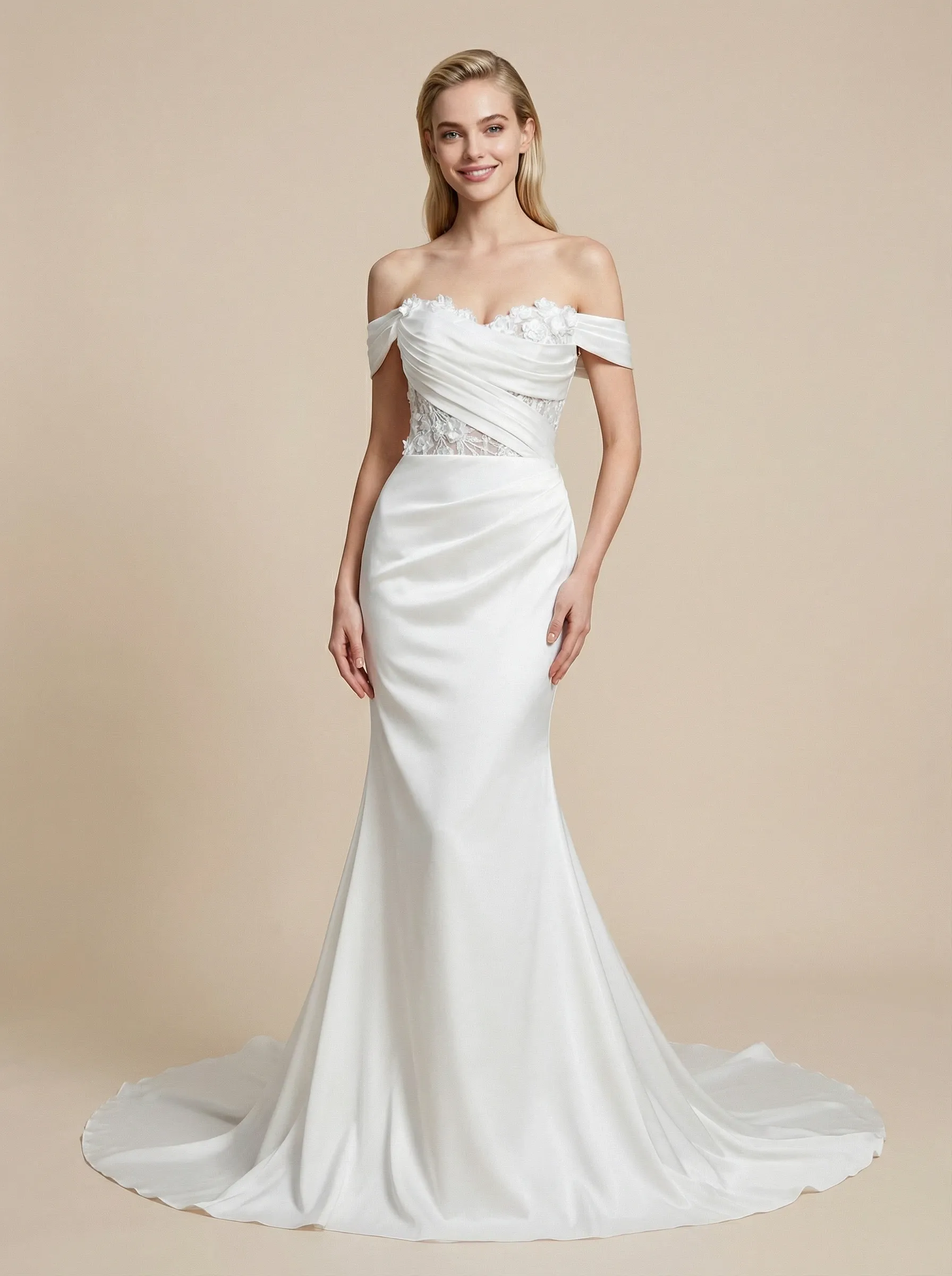 Mermaid Off Shoulder Ruched Maxi Long Satin Wedding Dresses With Lace Applique sold by ChicSew