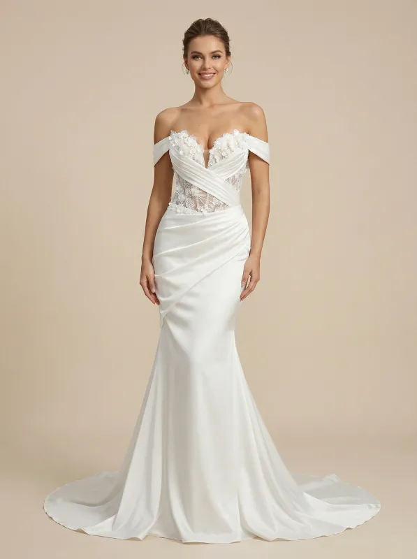 Mermaid Off Shoulder Ruched Maxi Long Satin Wedding Dresses With Lace Applique sold by ChicSew