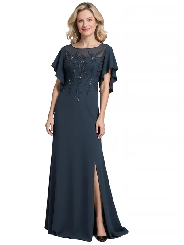 Elegant A-Line Bateau Flutter Sleeves Side Slit Chiffon Mother of The Bride Dresses sold by ChicSew