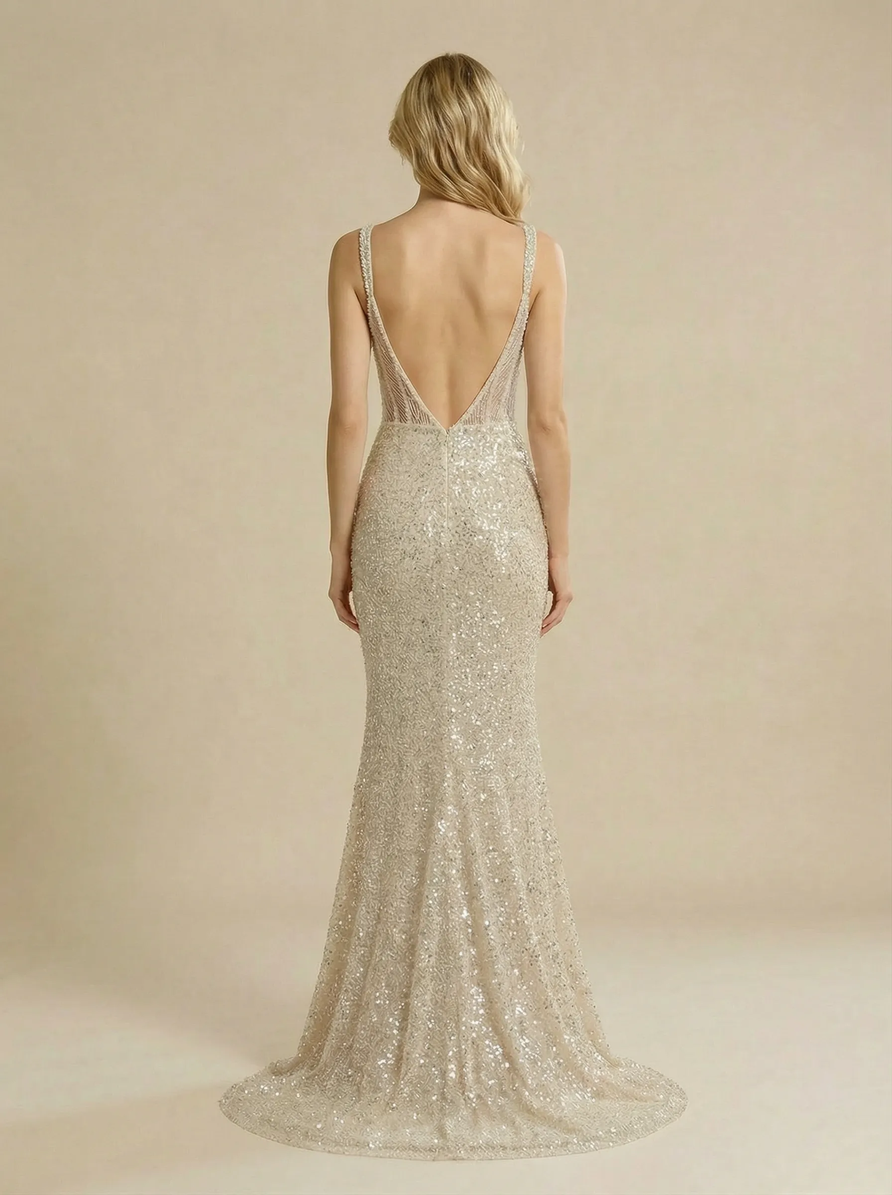 Mermaid Spaghetti Straps V-Neck Maxi Long Sequin Wedding Dresses sold by ChicSew product image thumbnail 2