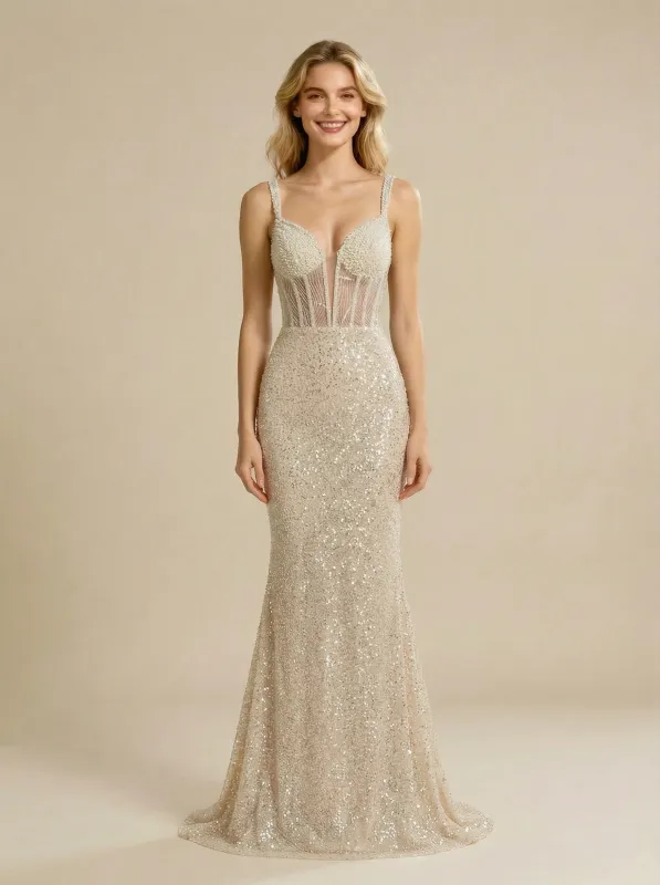 Mermaid Spaghetti Straps V-Neck Maxi Long Sequin Wedding Dresses sold by ChicSew