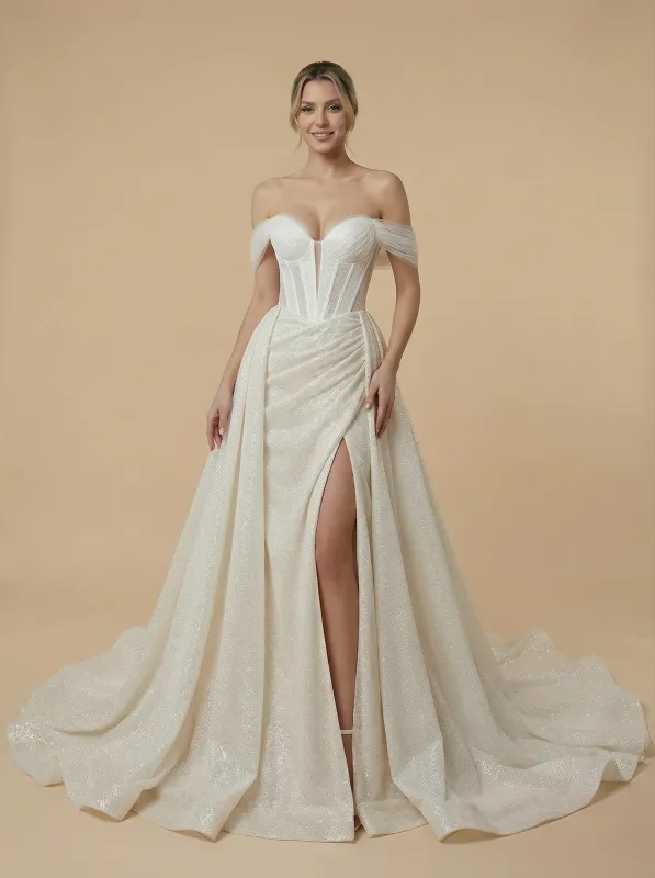 Mermaid Off Shoulder Side Slit Ruched Maxi Long Sequin Wedding Dresses With Detachable Skirt sold by ChicSew