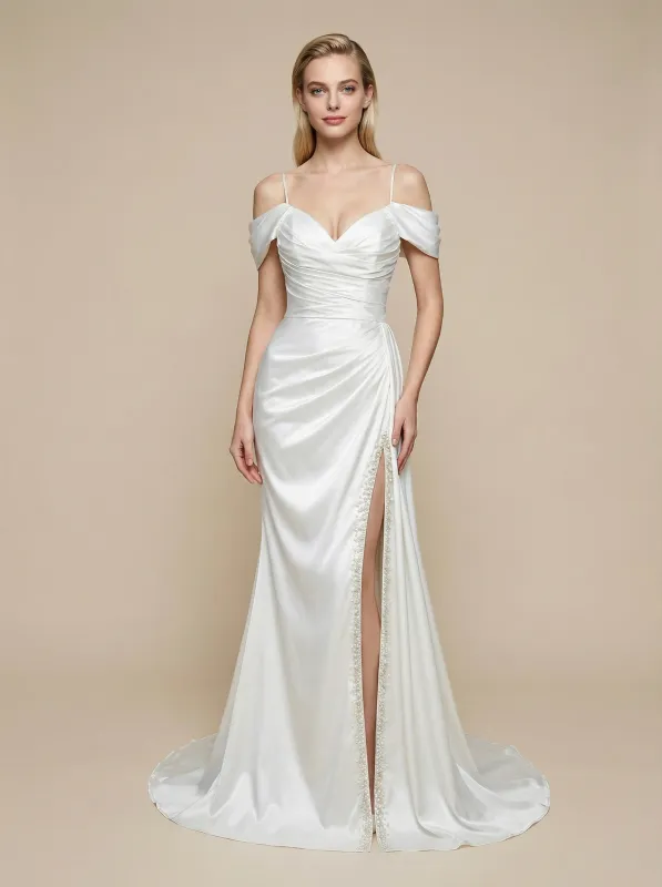 Mermaid Cold Shoulder Beading Side Slit Maxi Long Satin Wedding Dresses Online made by ChicSew