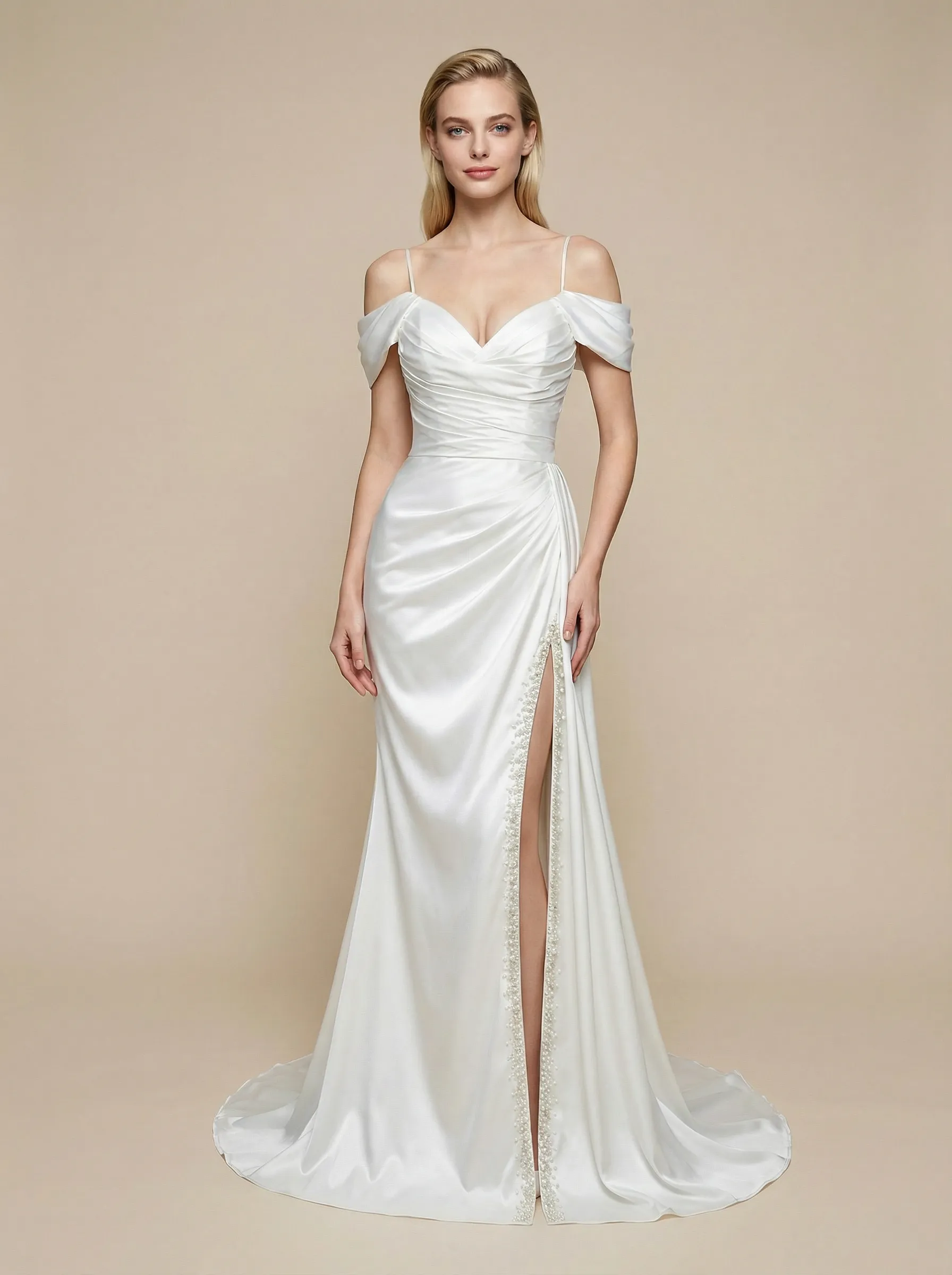 Mermaid Cold Shoulder Beading Side Slit Maxi Long Satin Wedding Dresses Online sold by ChicSew