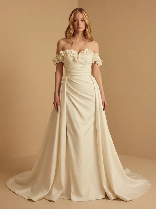 Off The Shoulder A-Line Ruched Maxi Long Satin Wedding Gowns With Detachable Skirt sold by ChicSew