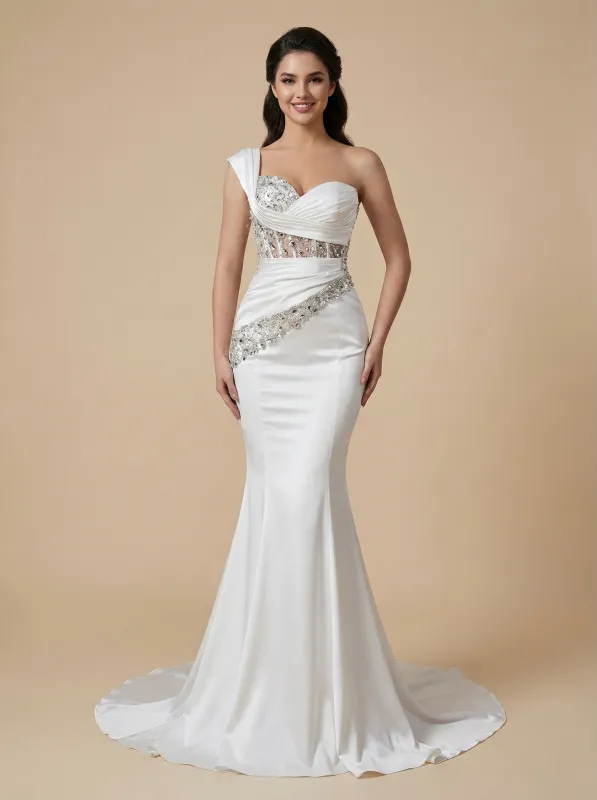 Mermaid One Shoulder Beading Maxi Long Satin Wedding Dresses Online made by ChicSew