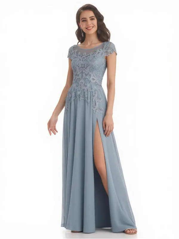 Elegant A-Line Jewel Short Sleeves Side Slit Lace Chiffon Mother of The Bride Dresses sold by ChicSew