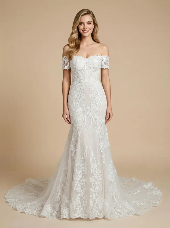 Mermaid Off Shoulder Open Back Maxi Long Lace Wedding Dresses Online sold by ChicSew