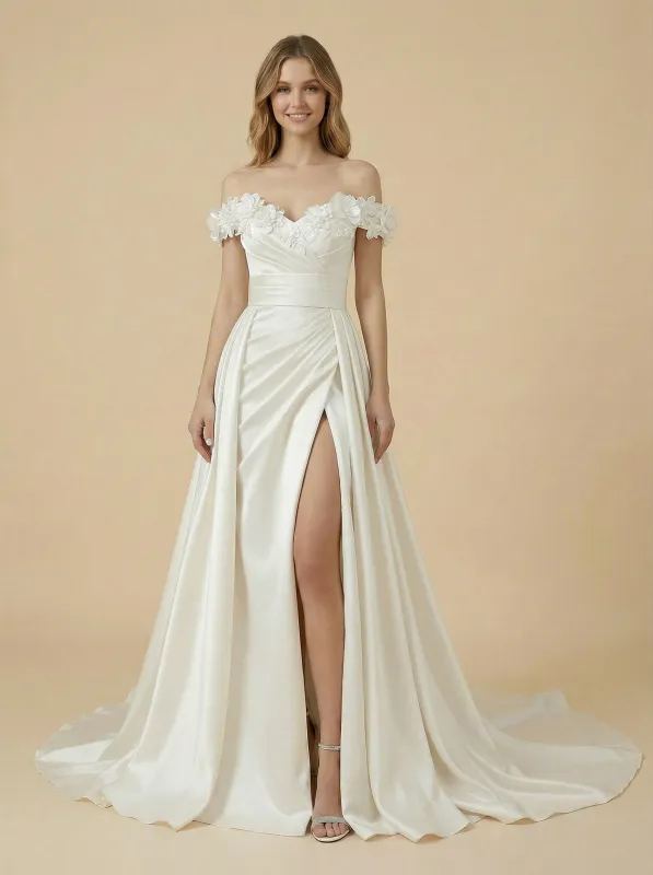 A-Line Off Shoulder Side Slit Ruched Maxi Long Satin Wedding Dresses With Detachable Skirt sold by ChicSew