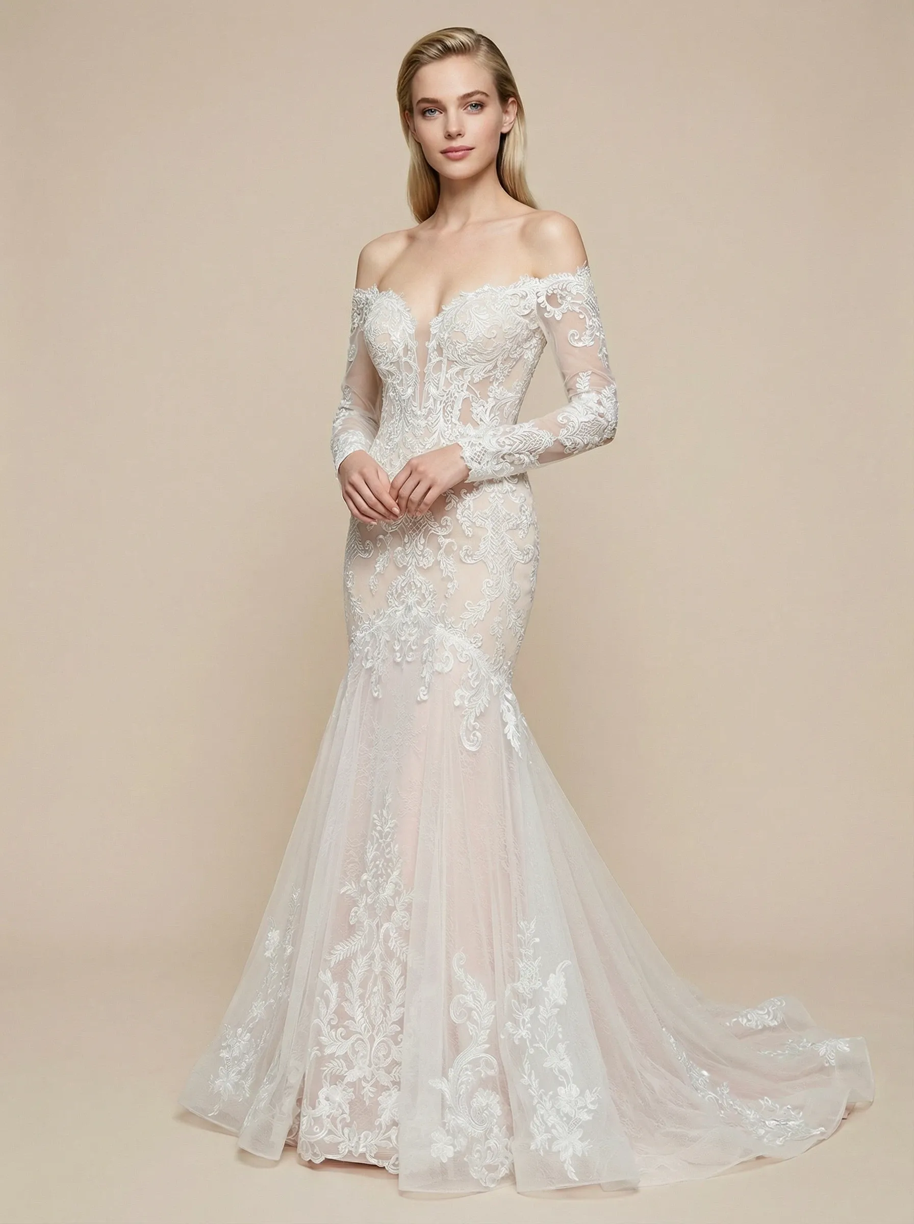 Mermaid V-Neck Boning Long Sleeves Maxi Long Lace Wedding Dresses Online sold by ChicSew