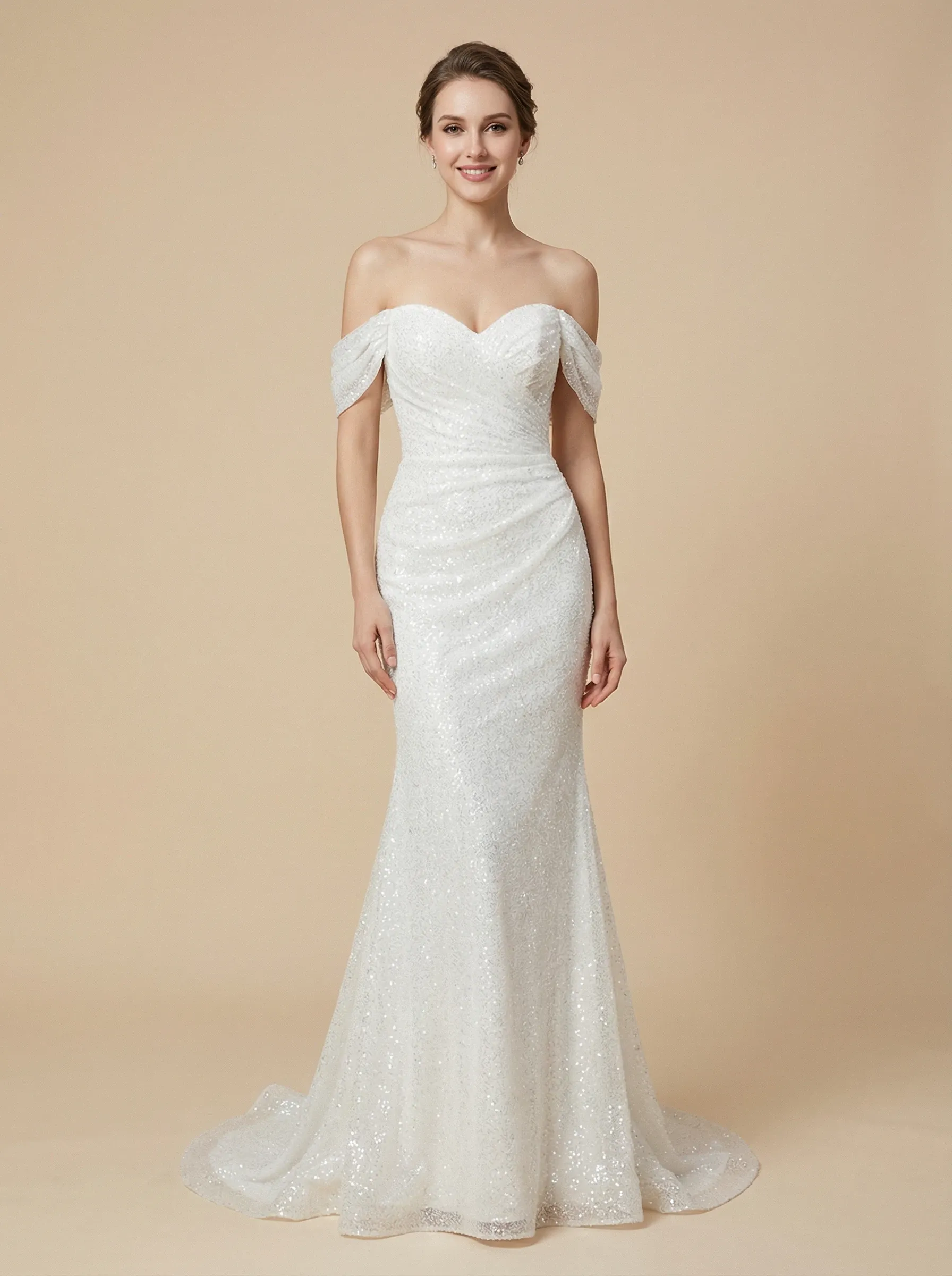 Mermaid Off Shoulder Lace Up Back Maxi Long Sequin Wedding Dresses Online sold by ChicSew