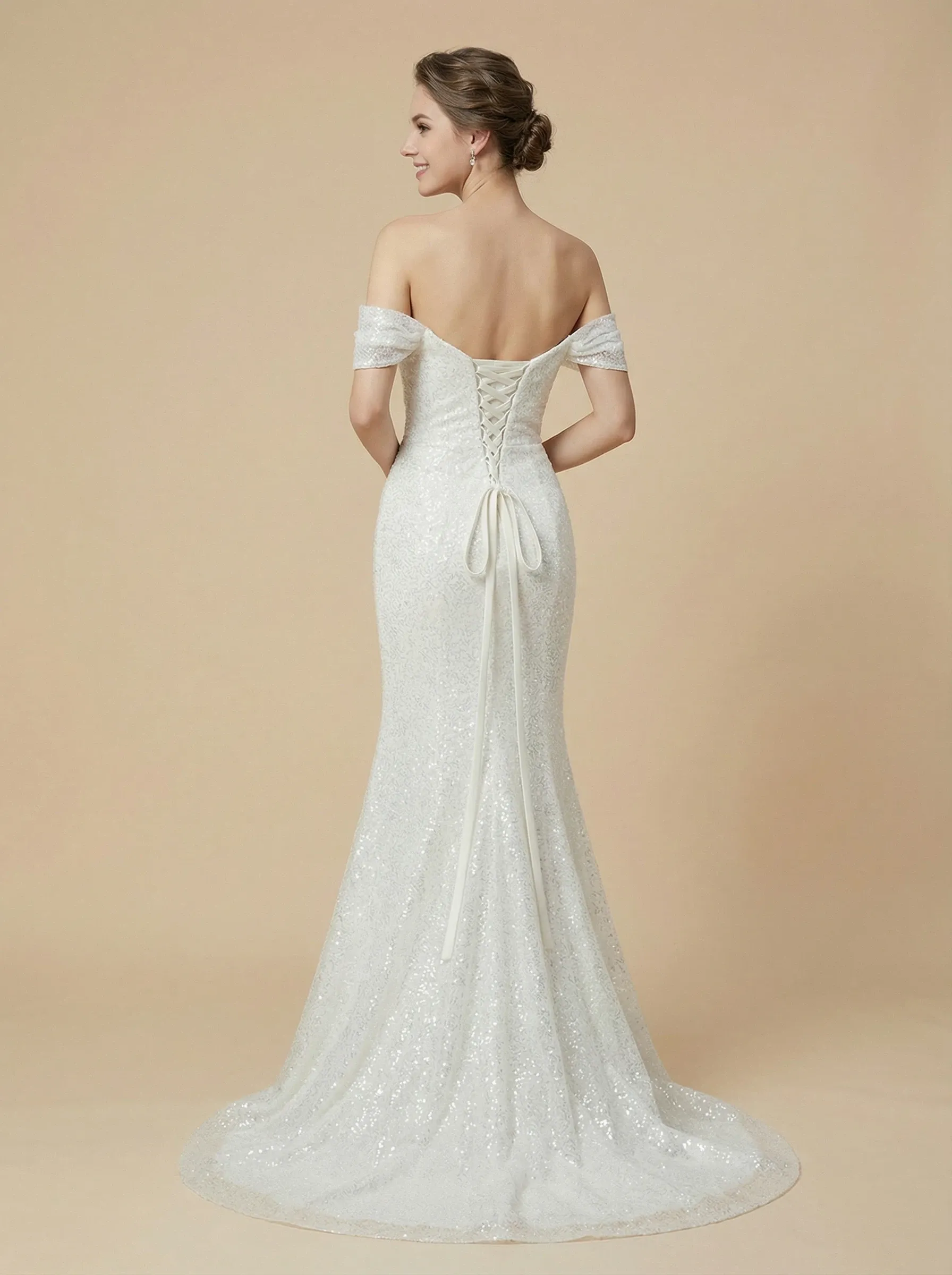 Mermaid Off Shoulder Lace Up Back Maxi Long Sequin Wedding Dresses Online sold by ChicSew product image thumbnail 2