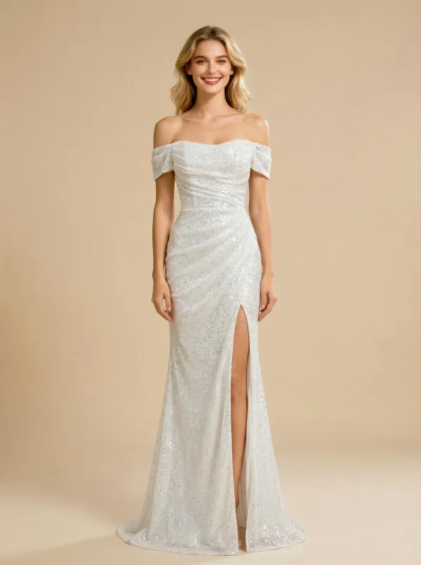 Mermaid Off Shoulder Side Slit Ruched Maxi Long Sequin Wedding Dresses Online sold by ChicSew