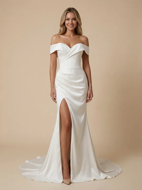 Mermaid Off Shoulder Side Slit Ruched Maxi Long Satin Wedding Dresses Online sold by ChicSew