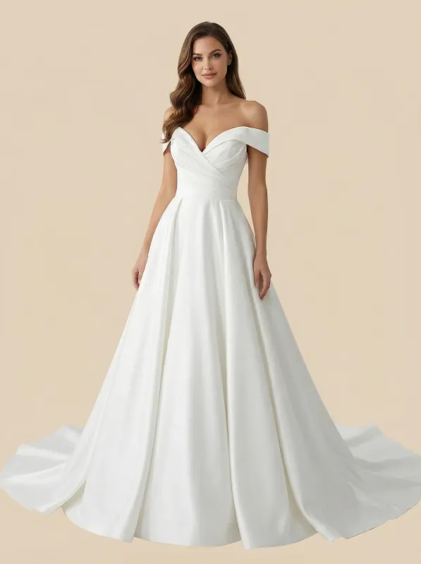 A-Line Off The Shoulder V-Neck Maxi Long Satin Wedding Dresses Gowns Online sold by ChicSew