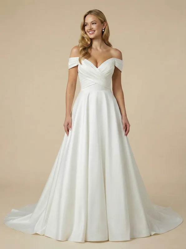 A-Line Off The Shoulder Maxi Long Satin Wedding Dresses Gowns Online sold by ChicSew
