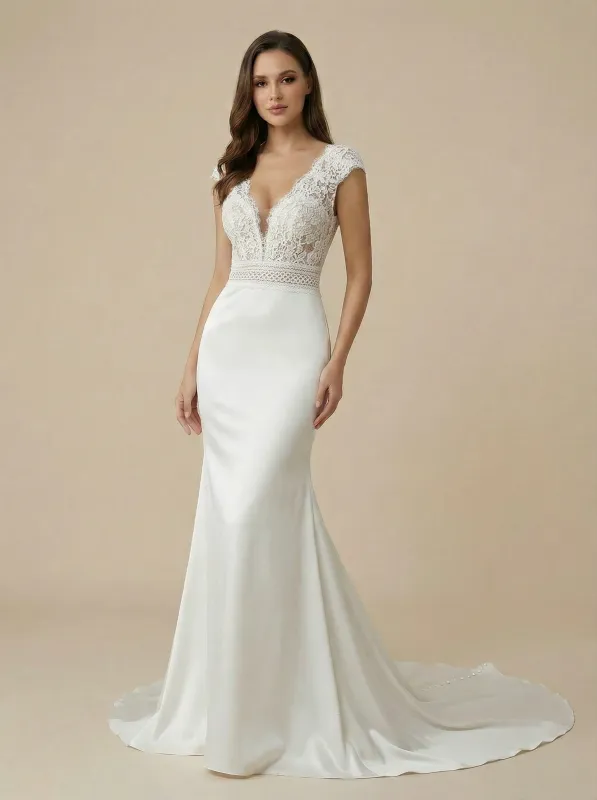 V-neck Mermaid Satin And Applique Maxi Long Wedding Dresses Online sold by ChicSew