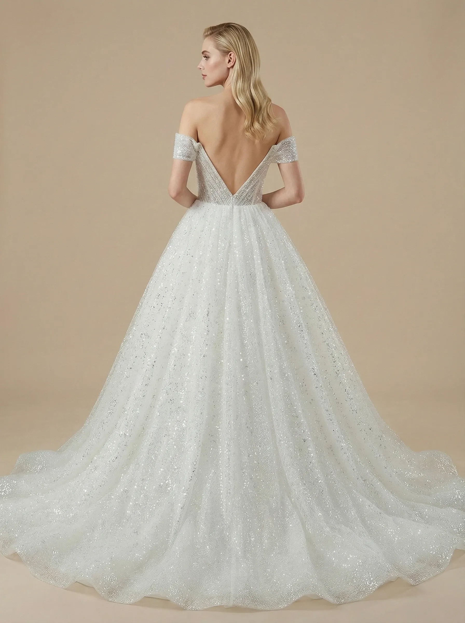 A-Line Off The Shoulder Boning Maxi Long Sequin Wedding Dresses Gowns Online sold by ChicSew product image thumbnail 2