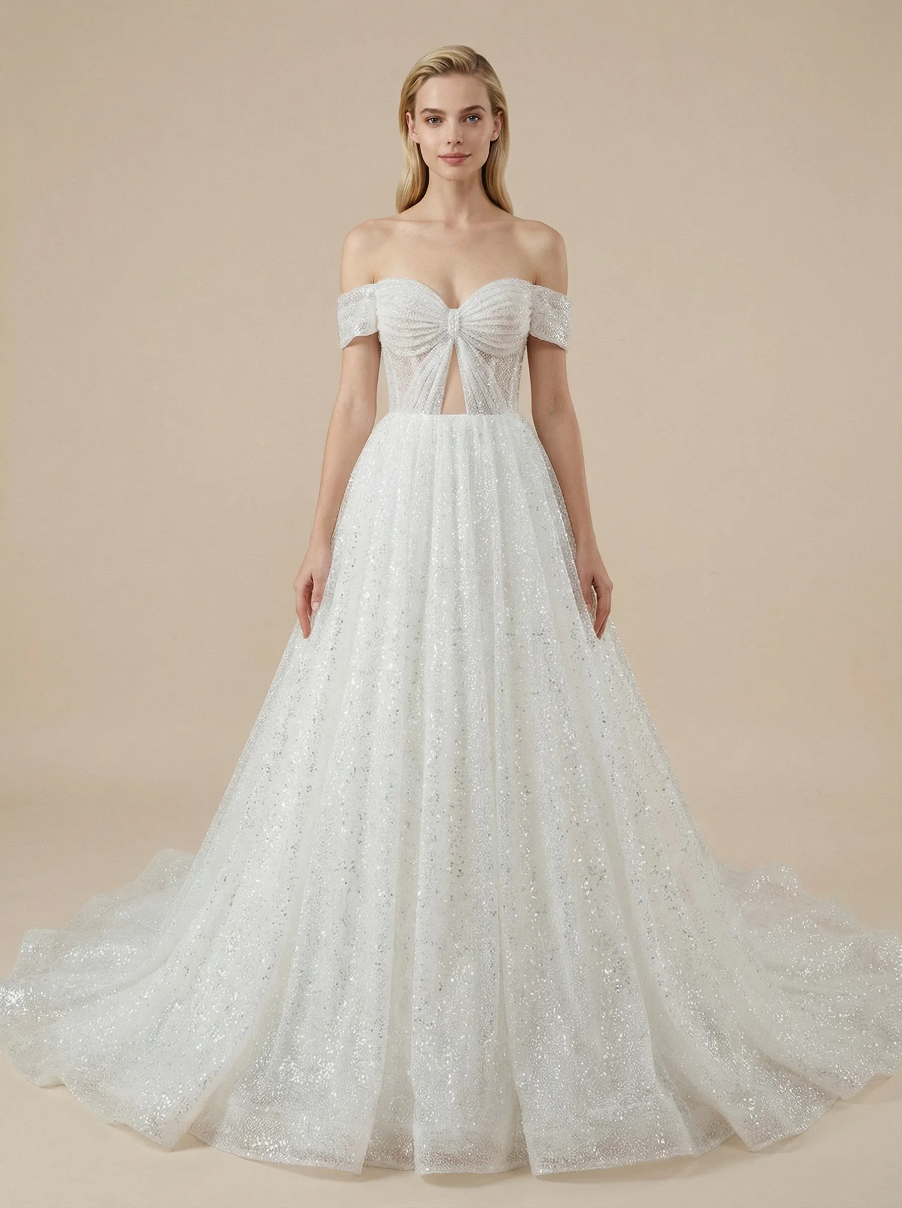A-Line Off The Shoulder Boning Maxi Long Sequin Wedding Dresses Gowns Online sold by ChicSew