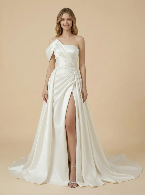 A-Line One Shoulder Side Slit Beading Maxi Long Satin Wedding Dresses Online sold by ChicSew