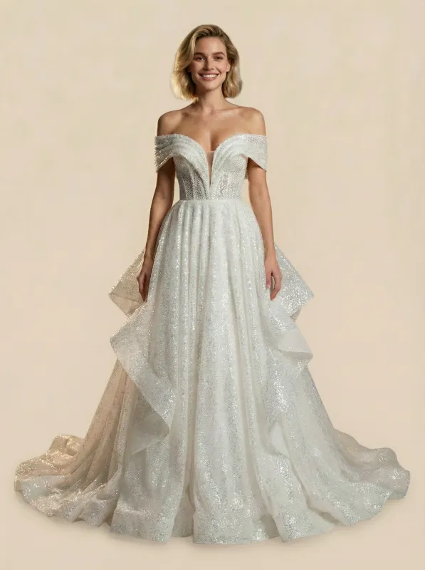 Mermaid Off Shoulder V-Neck Ruched Maxi Long Sequin Wedding Dresses Online sold by ChicSew