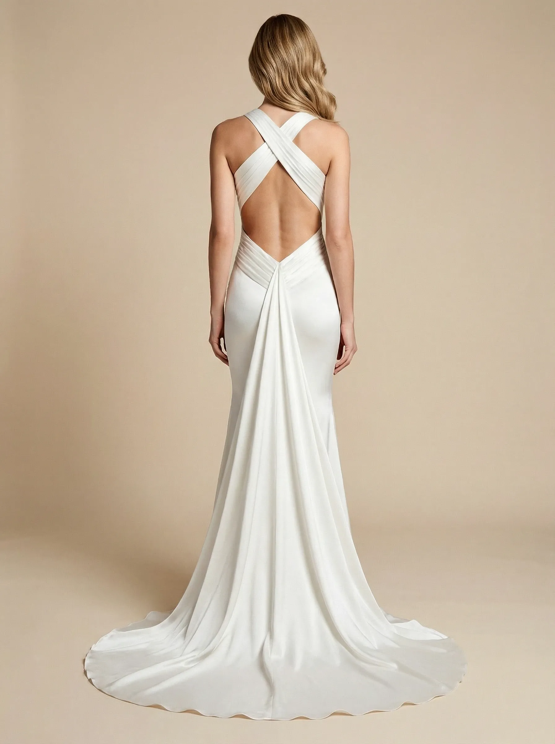 Mermaid Halter V-Neck Ruched Maxi Long Satin Wedding Dresses Online sold by ChicSew product image thumbnail 2