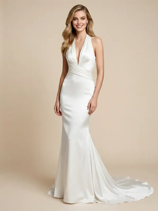 Mermaid Halter V-Neck Ruched Maxi Long Satin Wedding Dresses Online sold by ChicSew