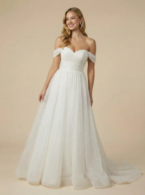 A-Line Off The Shoulder Boning Maxi Long Sequin Wedding Dresses Gowns Online sold by ChicSew