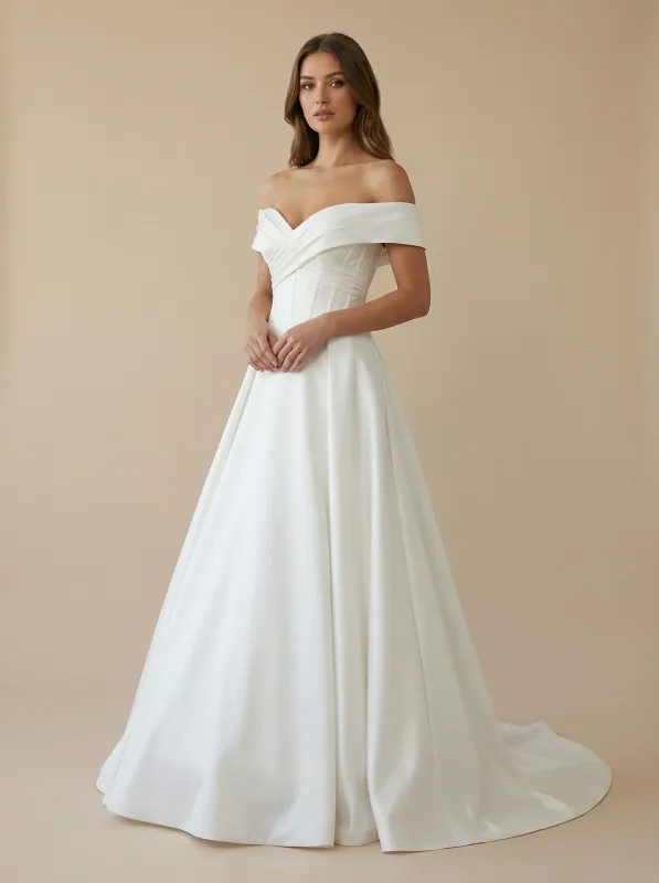 A-Line Off The Shoulder Boning Maxi Long Satin Wedding Dresses Gowns Online sold by ChicSew