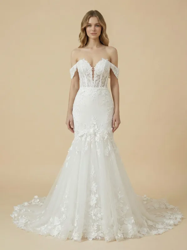 Mermaid Off Shoulder V-Neck Boning Maxi Long Lace Wedding Dresses Online made by ChicSew